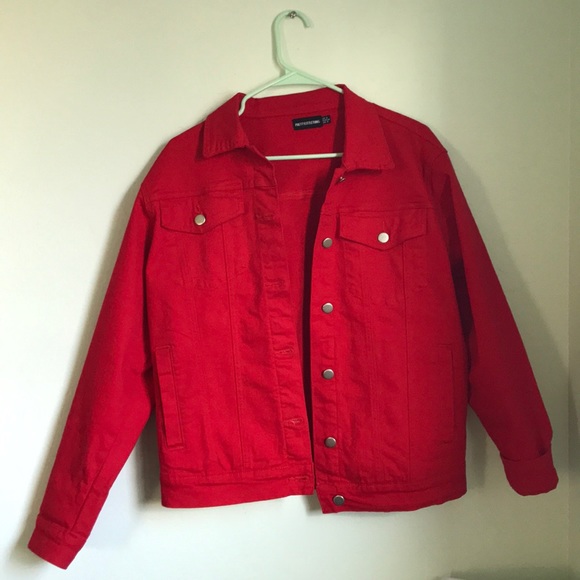 pretty little thing red denim jacket